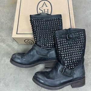 Women’s Ash Trash Bis Studded Black Biker Boots
